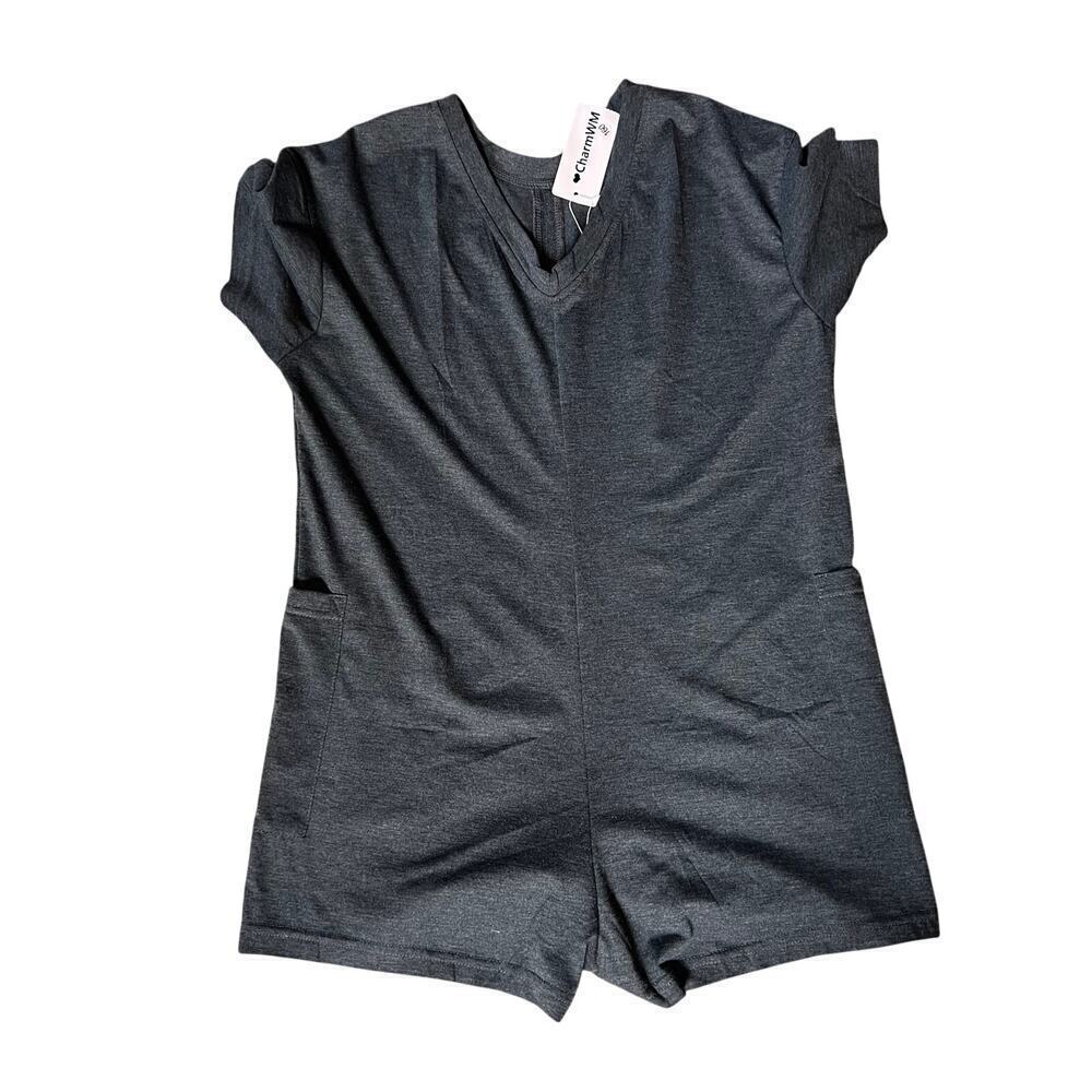 Romper by CharmWM. Gray with Side Pockets. No Size on Product. Measurements inc